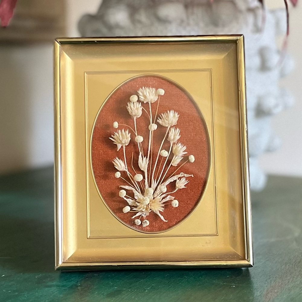 Gold Shadowbox Frame | Vintage 70’s Orange Velvet with Dried Flowers | 5-3/4”